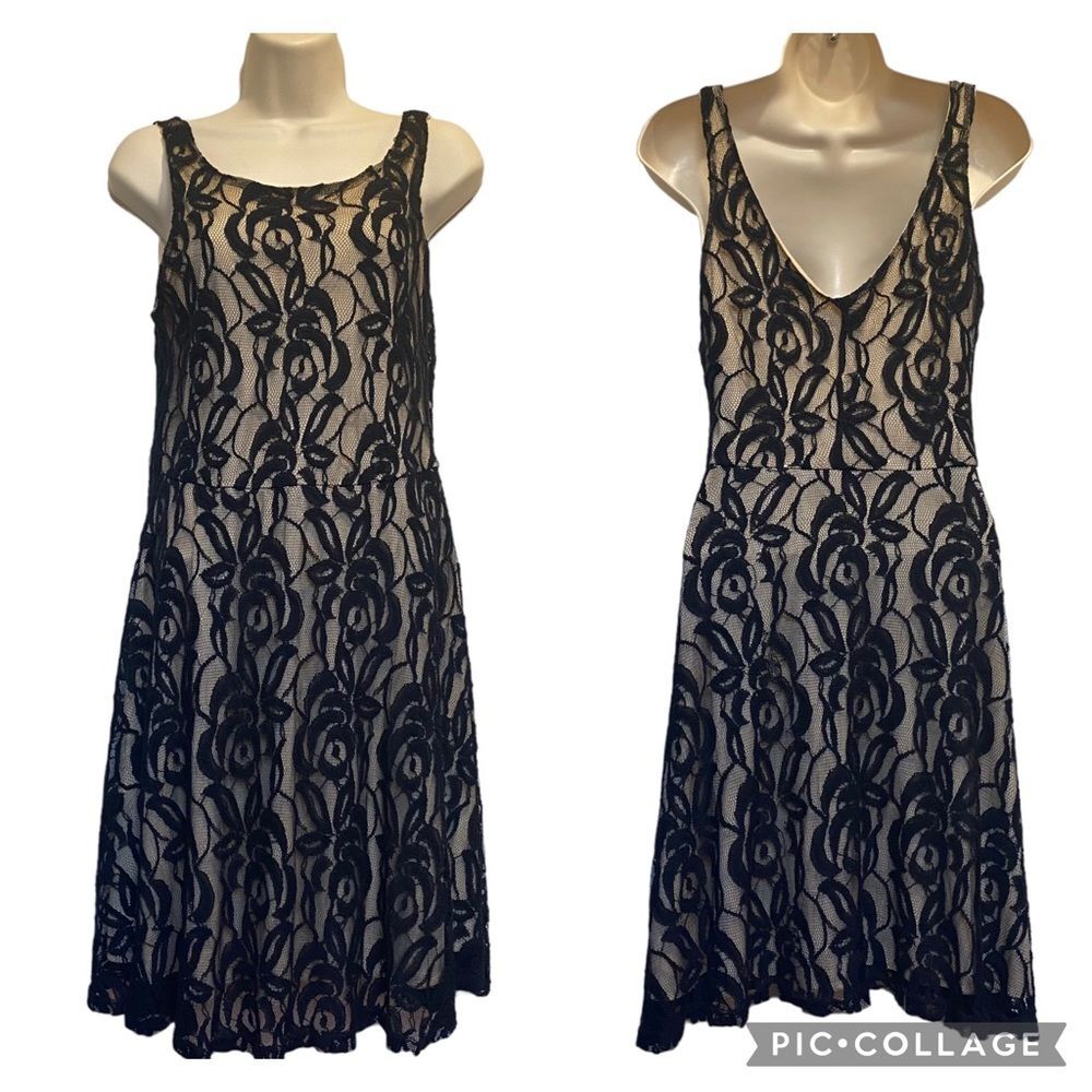 NWT Philosophy Republic Black Floral Lace Fit & Flare Dress, Nude Liner, Medium